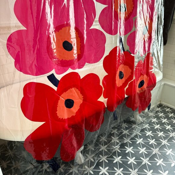 Marimekko Maija Isola Unikko Red Orange Pink Poppy Flowers PVC Shower Curtain - Picture 8 of 10